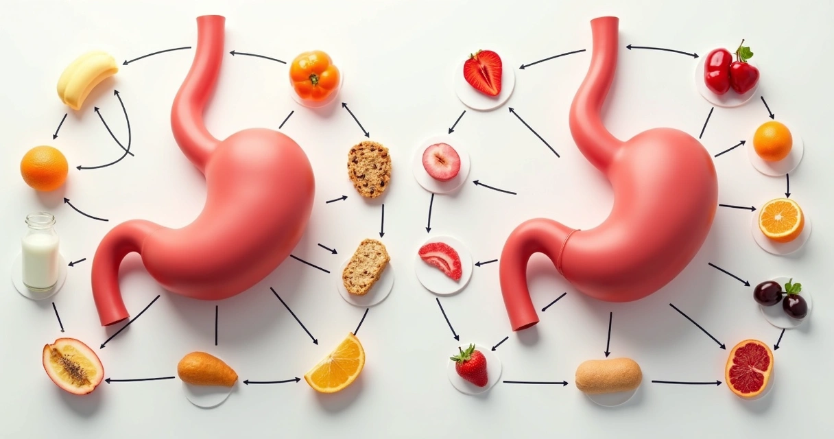 Ilustração mostrando diferenças entre intolerância alimentar e alergia, com ícones de estômago, alimentos e sintomas gastrointestinais 