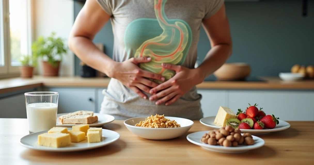 Mesa com adulto brasileiro tocando o abdômen ao lado de pratos com diferentes alimentos gatilho 