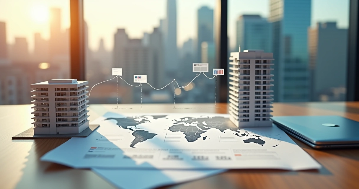 Two interconnected office buildings linked by documents and charts across a map 