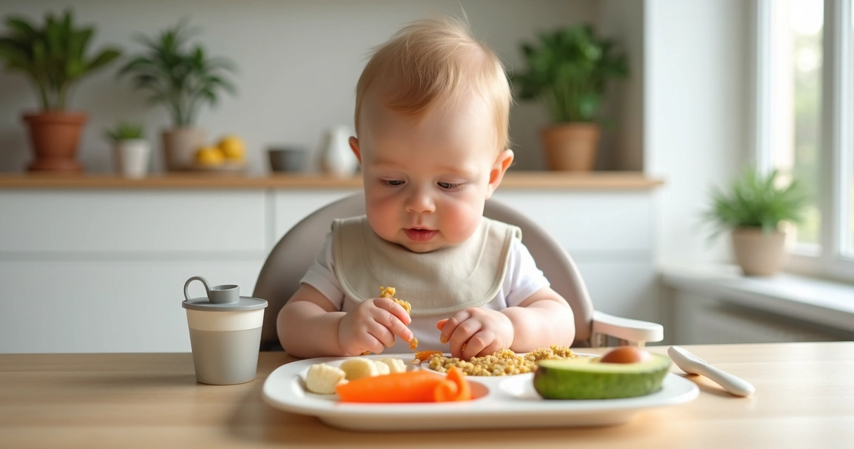 Bebê de seis meses sentado em cadeira alta explorando alimentos coloridos em pratos separados 