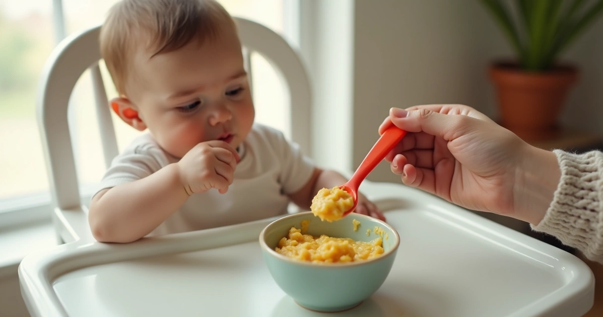 Bebê sentado em cadeira alta comendo papinha com colher