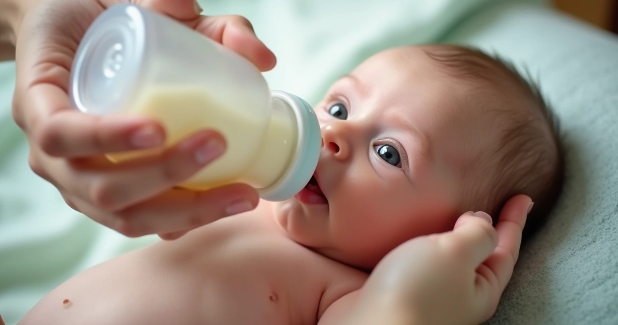 Bebê recém-nascido sendo alimentado com mamadeira pela primeira vez 