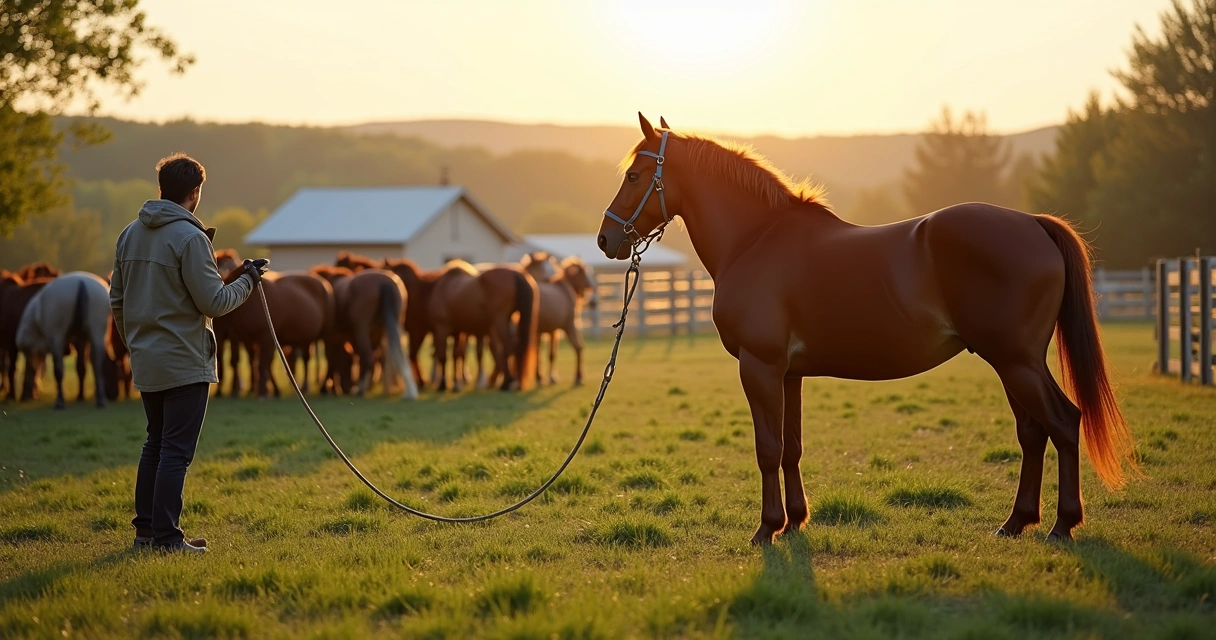 Novo cavalo se aproximando de rebanho em pasto cercado 