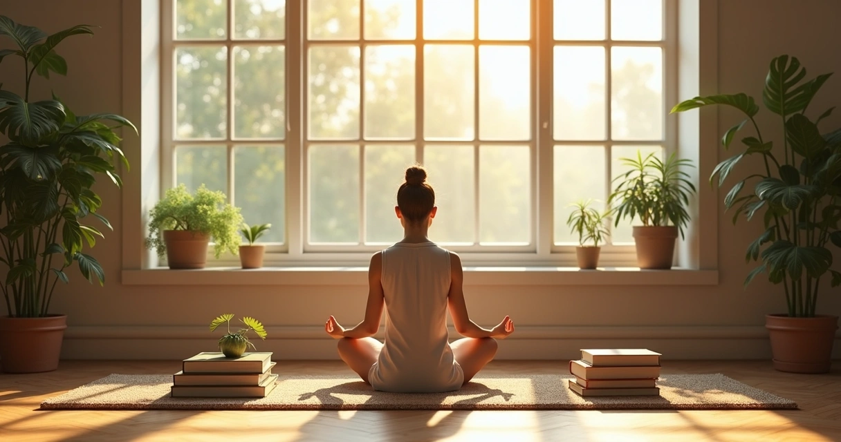 Persona sentada en meditación frente a una ventana luminosa, rodeada de libros y plantas 