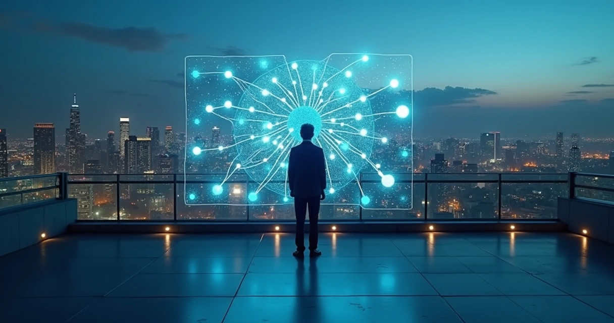 Profesional solo en azotea nocturna mirando un tablero luminoso con decisiones conectadas 