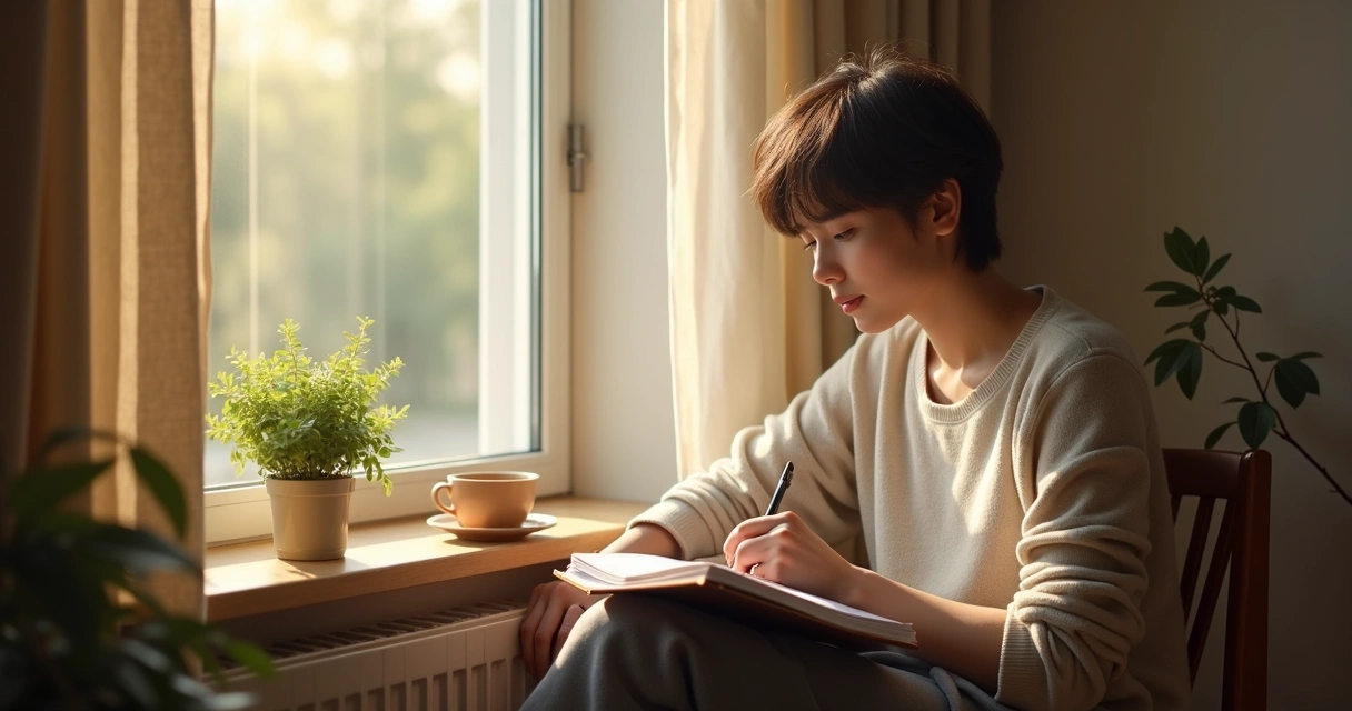 Joven sentado frente a ventana con libreta en mano, reflexión matutina, luz natural cálida entrando en la habitación