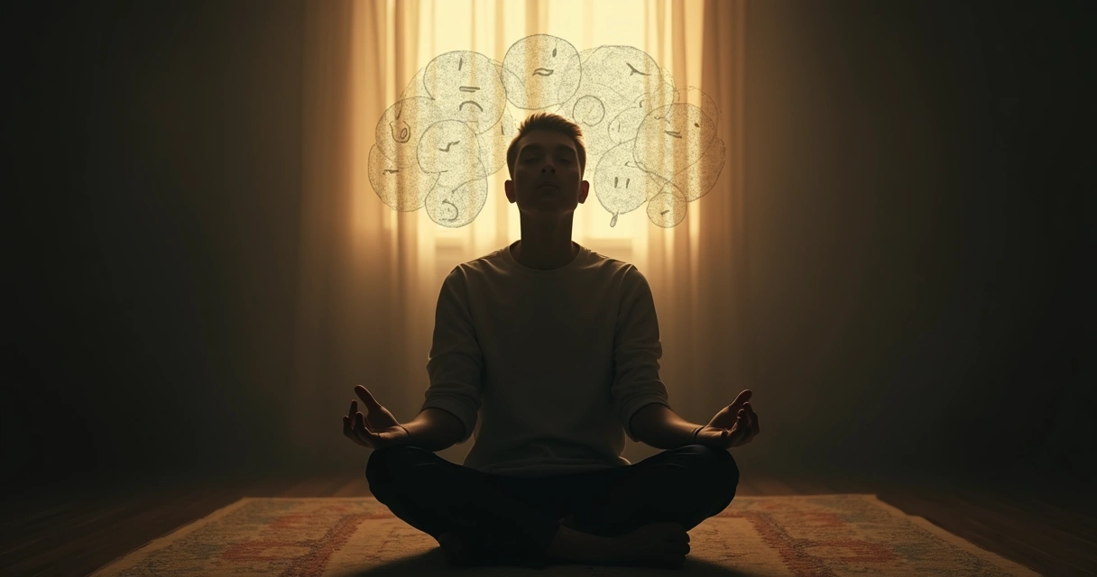 Persona sentada en posición meditativa con ojos cerrados, luces cálidas 