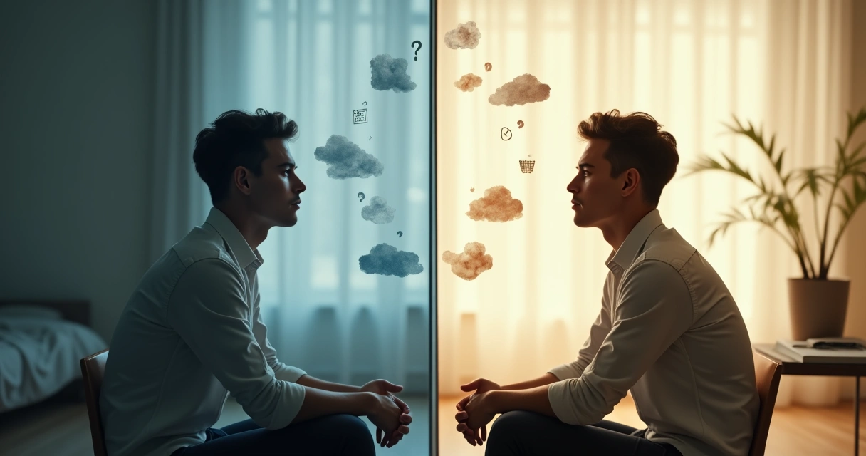 Persona frente a espejo dividido entre introspección y autoconciencia 