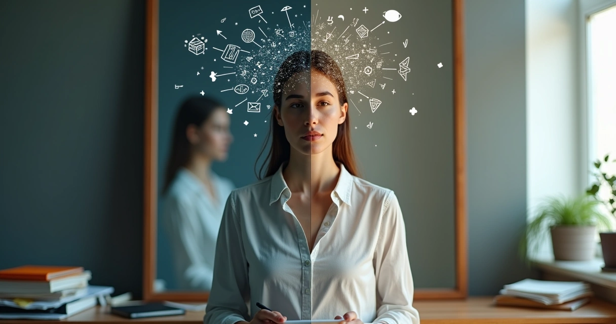 Mujer frente al espejo dividido entre introspección caótica y autoconocimiento claro 