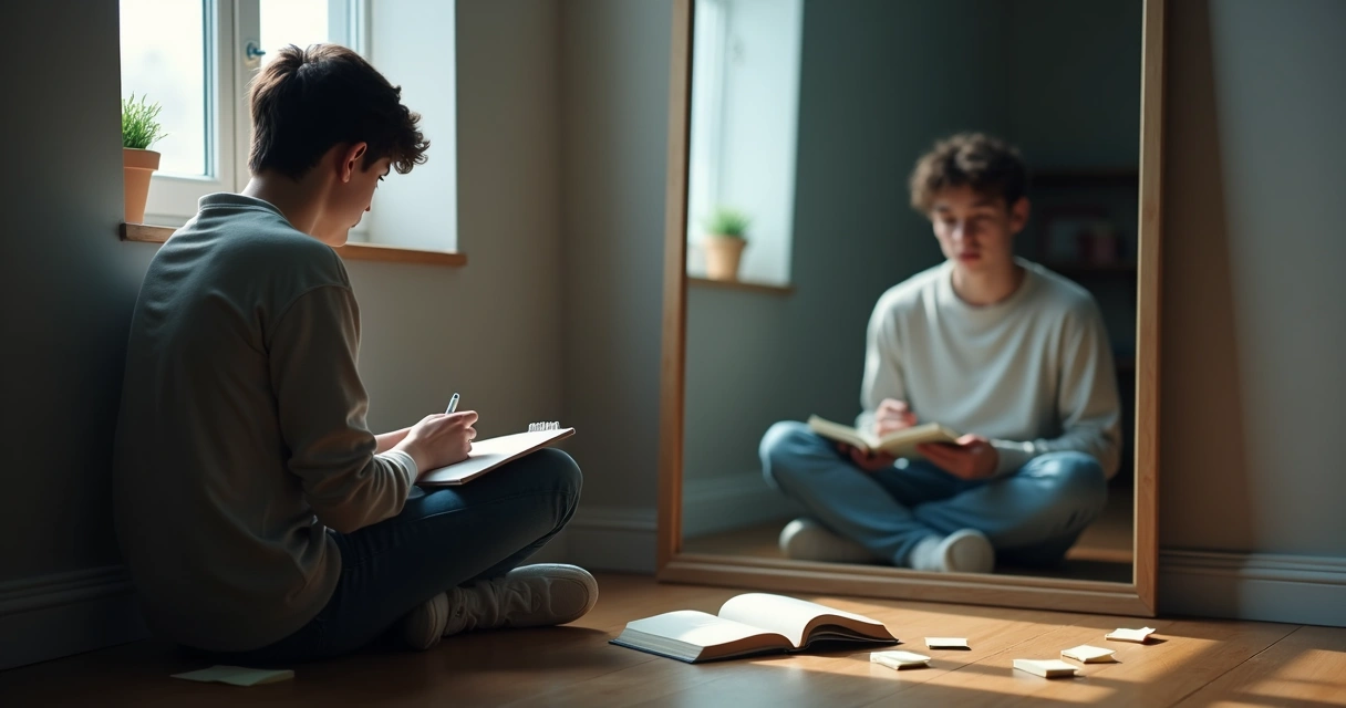 Persona sentada frente a un espejo con reflejo borroso que oculta sus emociones 