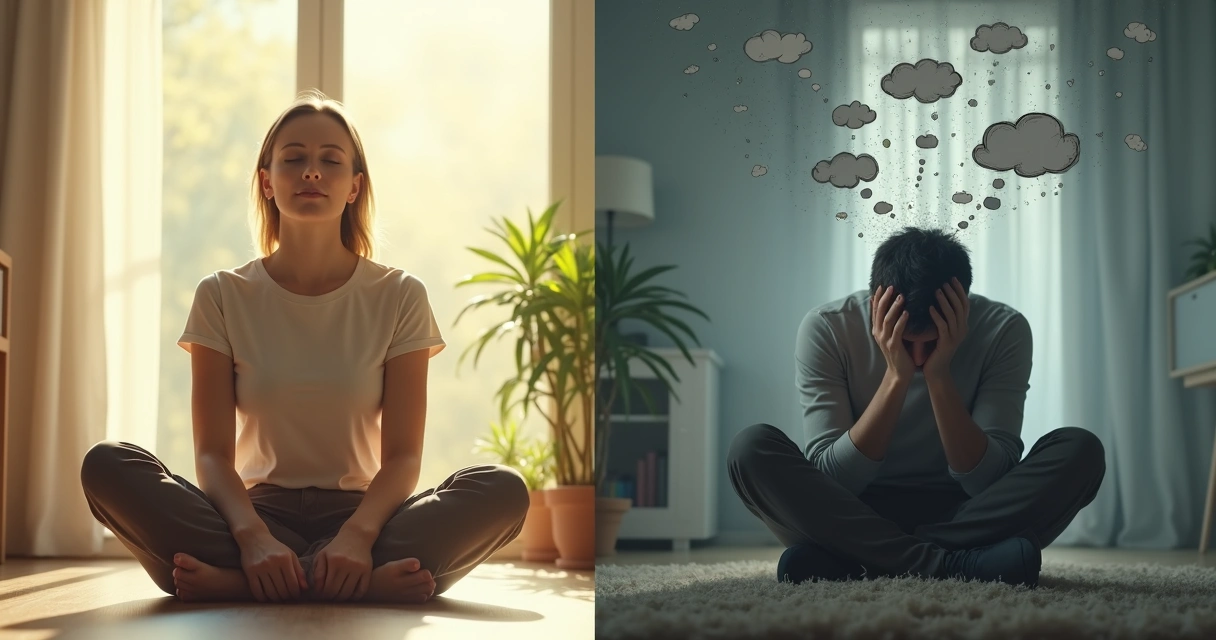 Dos personas sentadas, una medita tranquilamente y otra parece preocupada pensando 