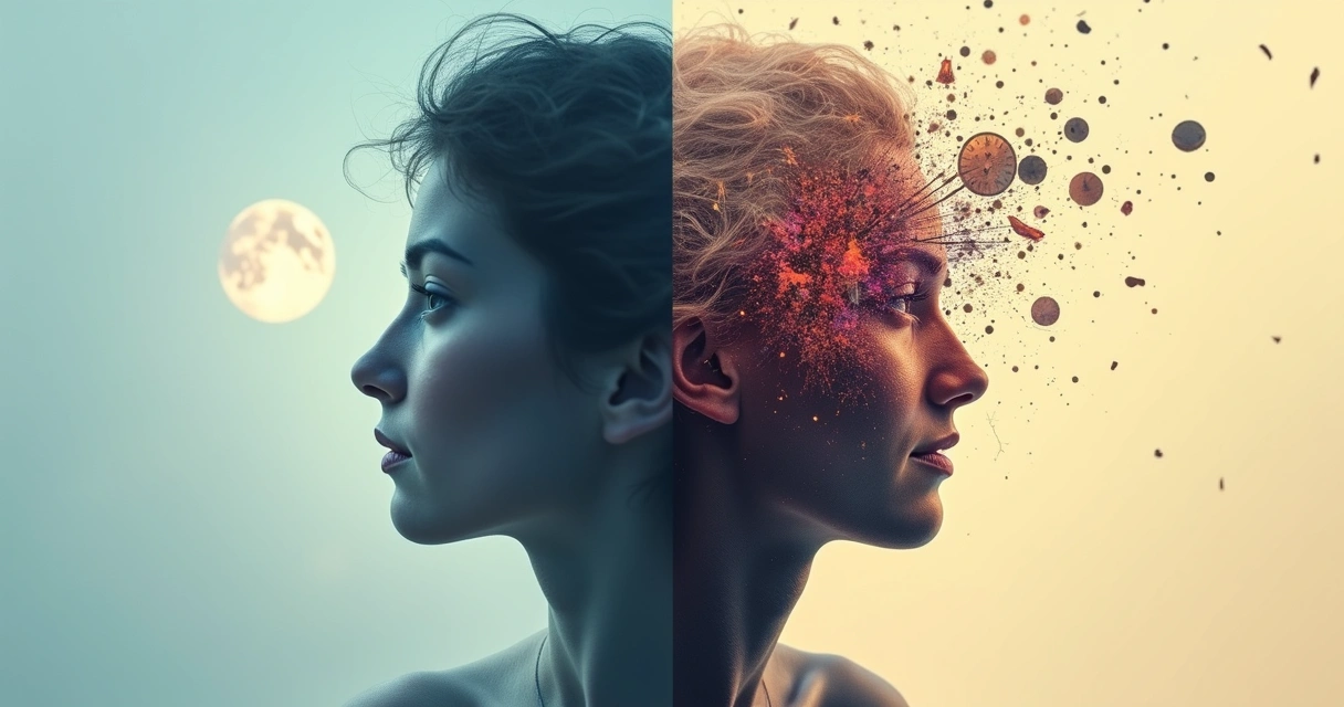 Rostro dividido entre mente en calma y mente caótica 