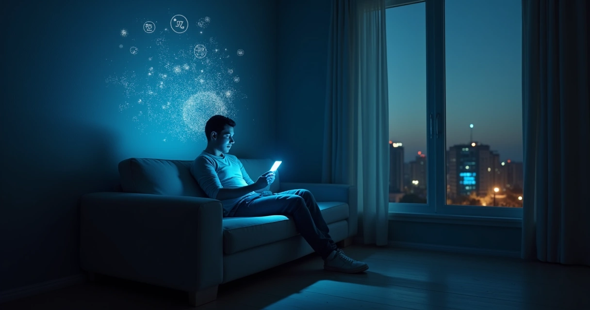 Person sitting on a couch looking at phone, surrounded by digital notifications and reflection in window showing thoughtful face. 