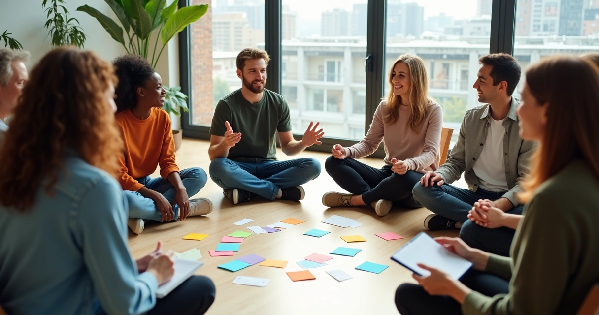 Introvertido e extrovertido interagindo em atividade de grupo circular 