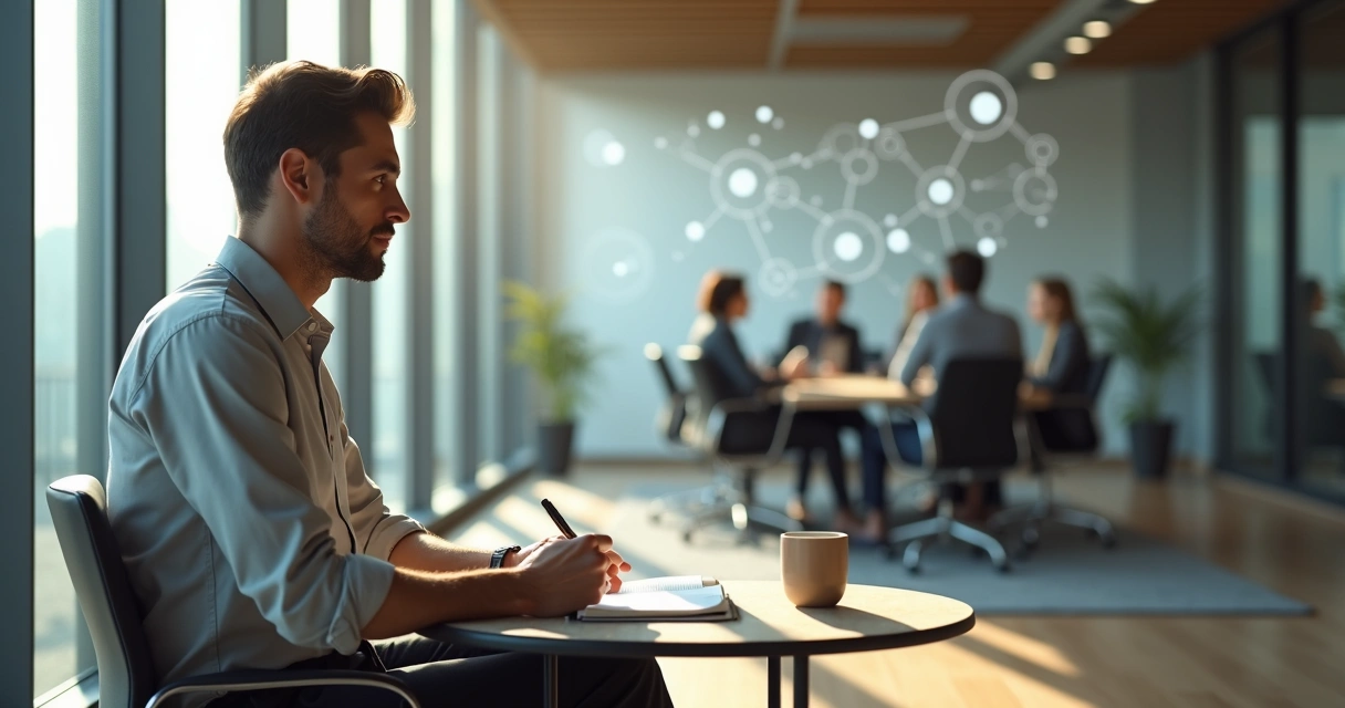 Introvert professional calmly reflecting in busy open office 