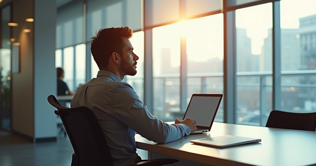 Person reflecting quietly at a desk in a modern office 
