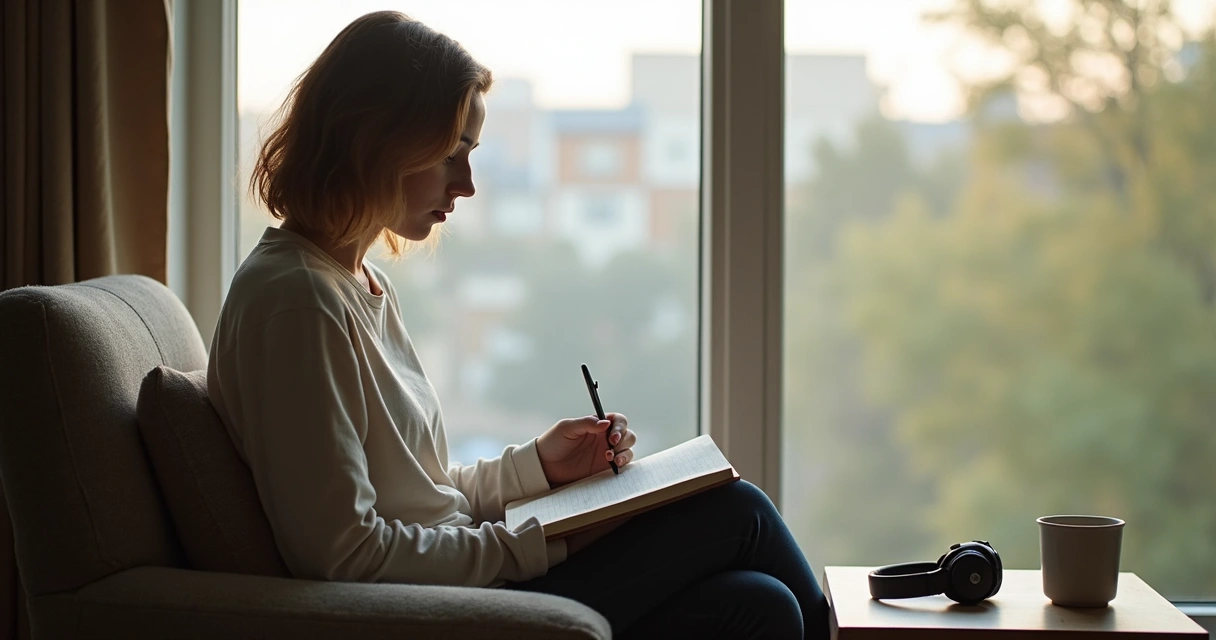 Introvert sitting by a window journaling and reflecting with soft natural light 