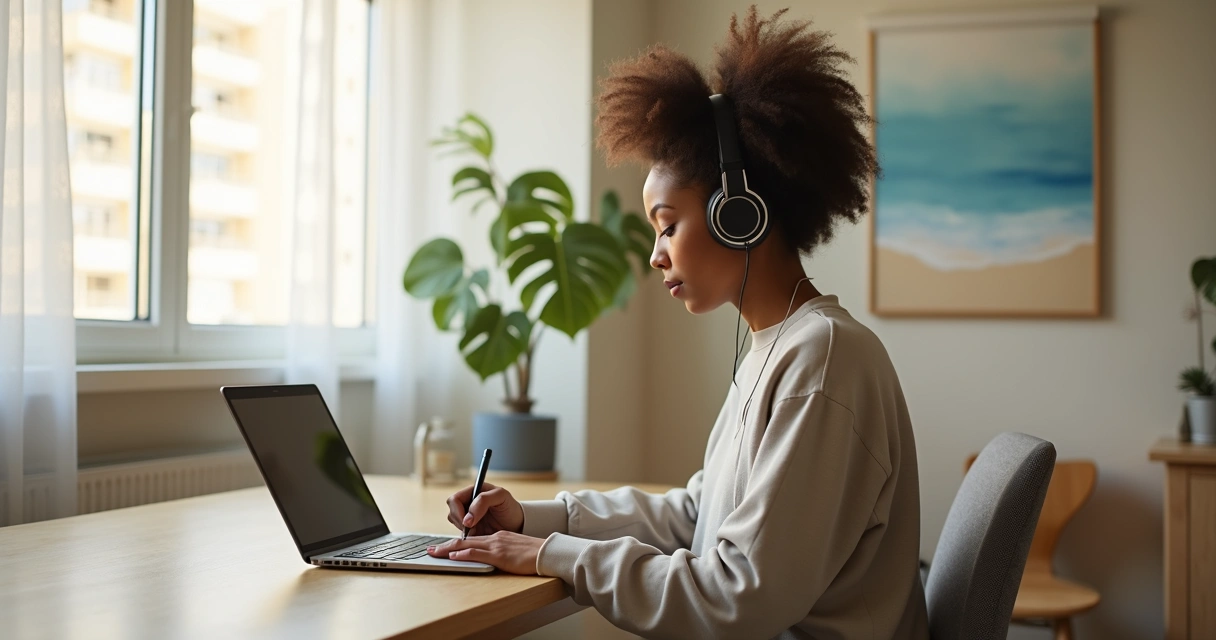 Pessoa introvertida sentada sozinha em mesa de trabalho minimalista com fones e caderno de anotações 