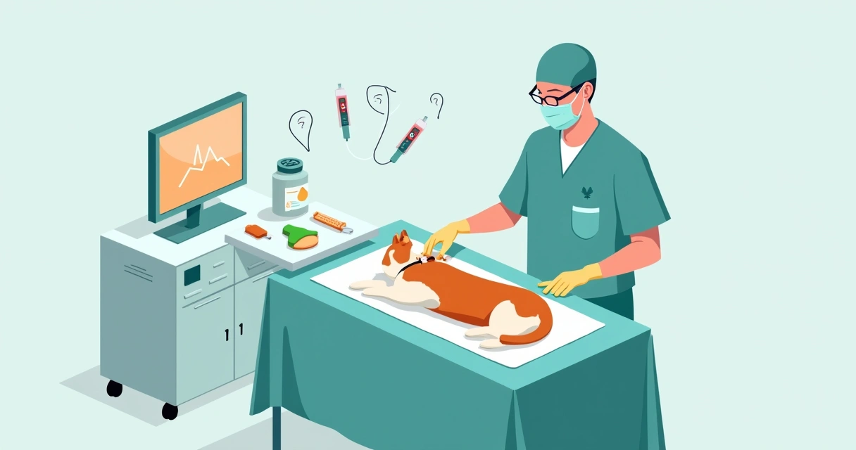 Ilustração de veterinário preparando intubação em gato anestesiado na mesa cirúrgica 