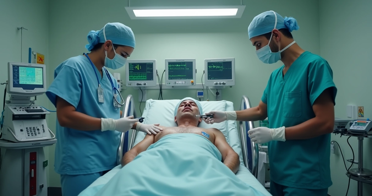 Equipe realizando sequência rápida de intubação em sala de emergência com laringoscópio e monitor cardíaco ao fundo 