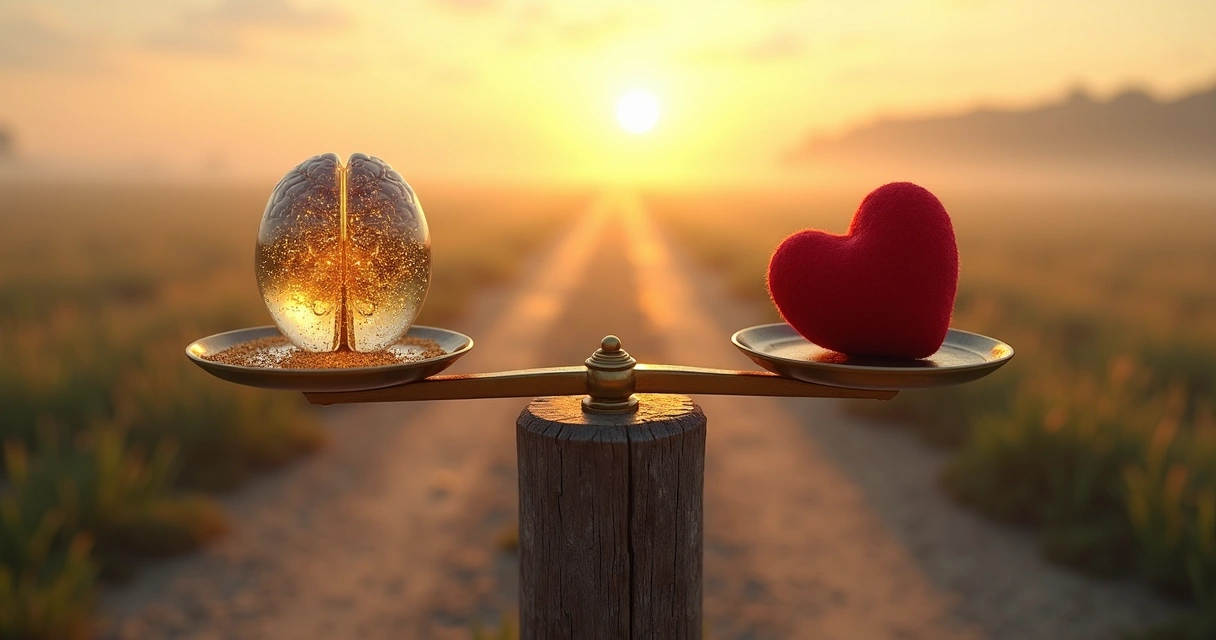 Balanza con cerebro y corazón frente a cruce de caminos 