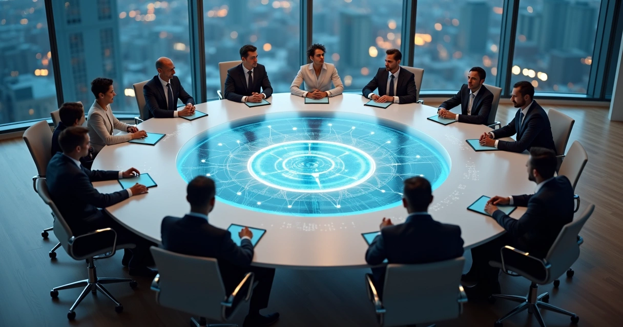 Grupo executivo reunido ao redor de mesa em formato de espiral luminosa vista de cima 