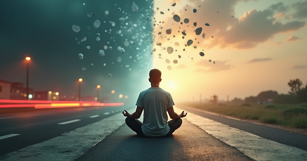 Pessoa em meditação diante de encruzilhada entre caos e clareza 