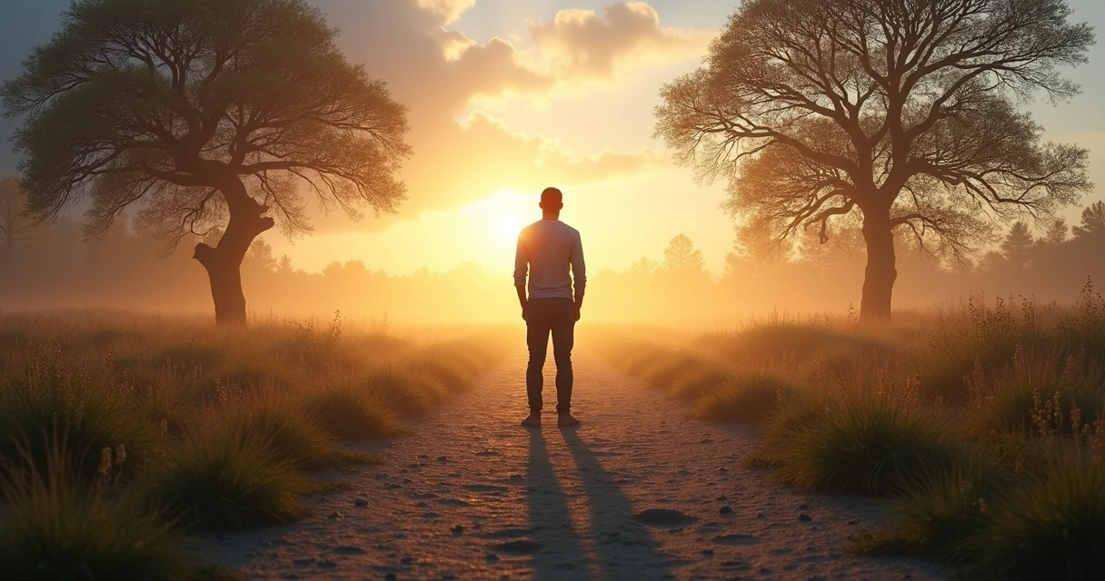 Pessoa parada em encruzilhada entre dois caminhos contrastando calma e turbulência 