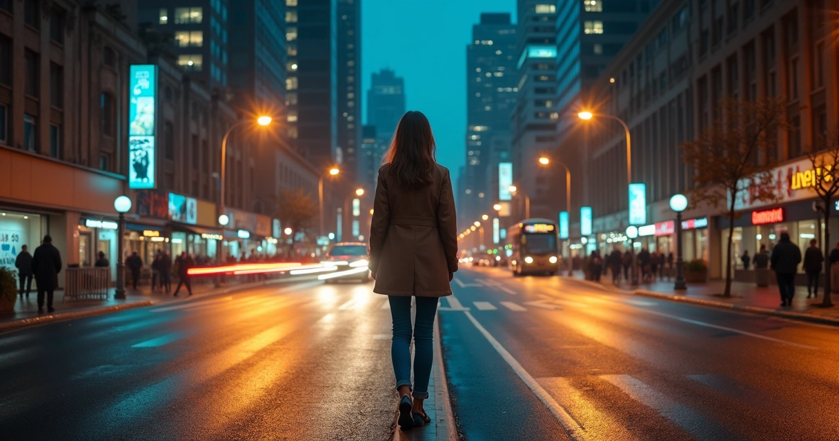 Mulher em encruzilhada urbana diante de dois caminhos iluminados de forma diferente 