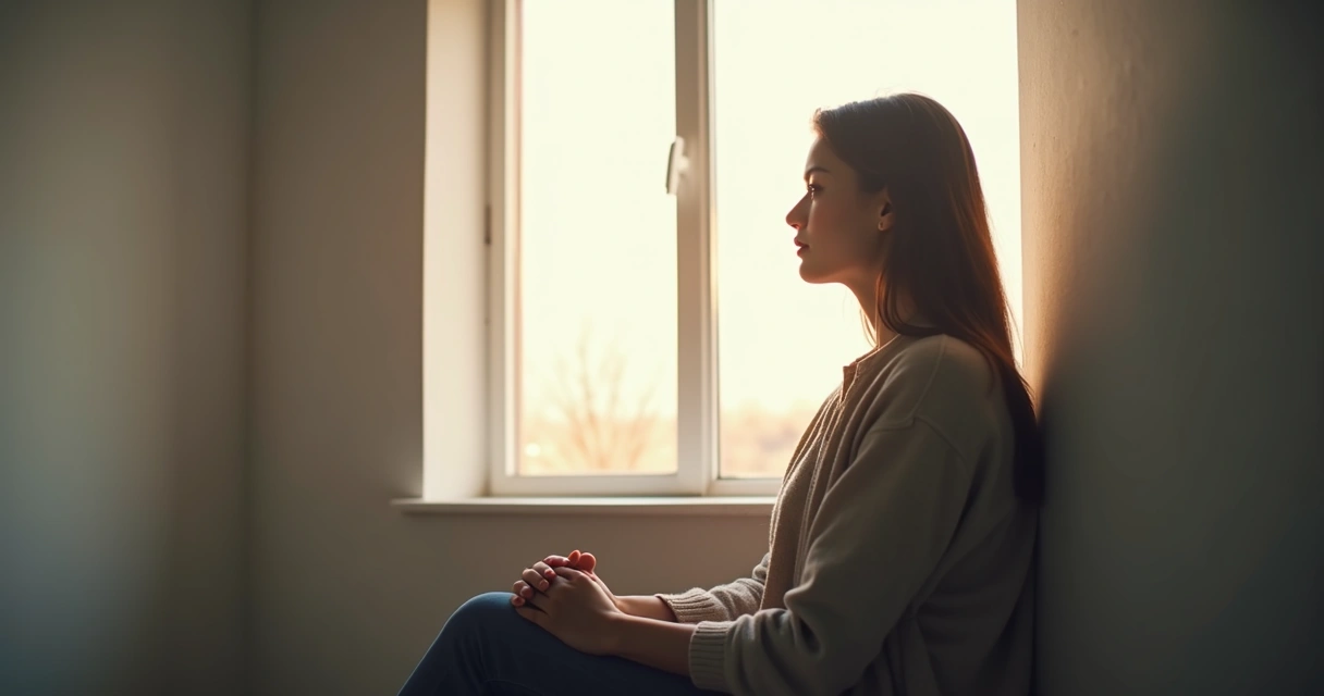 Pessoa refletindo diante de janela com luz suave