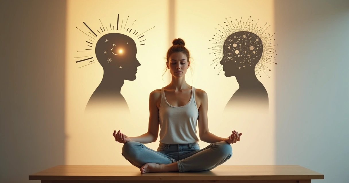 Pessoa de olhos fechados com duas silhuetas de cabeça sobrepostas, uma calma e outra caótica 