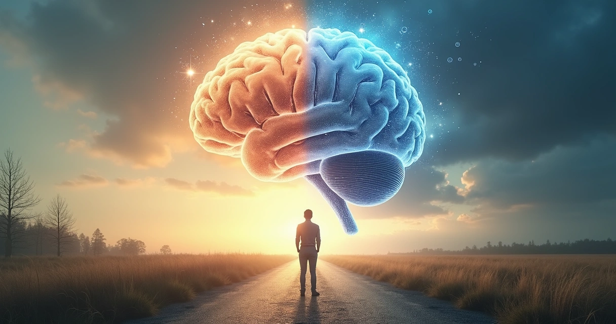 Pessoa diante de encruzilhada com cérebro dividido entre intuição calma e julgamento automático 