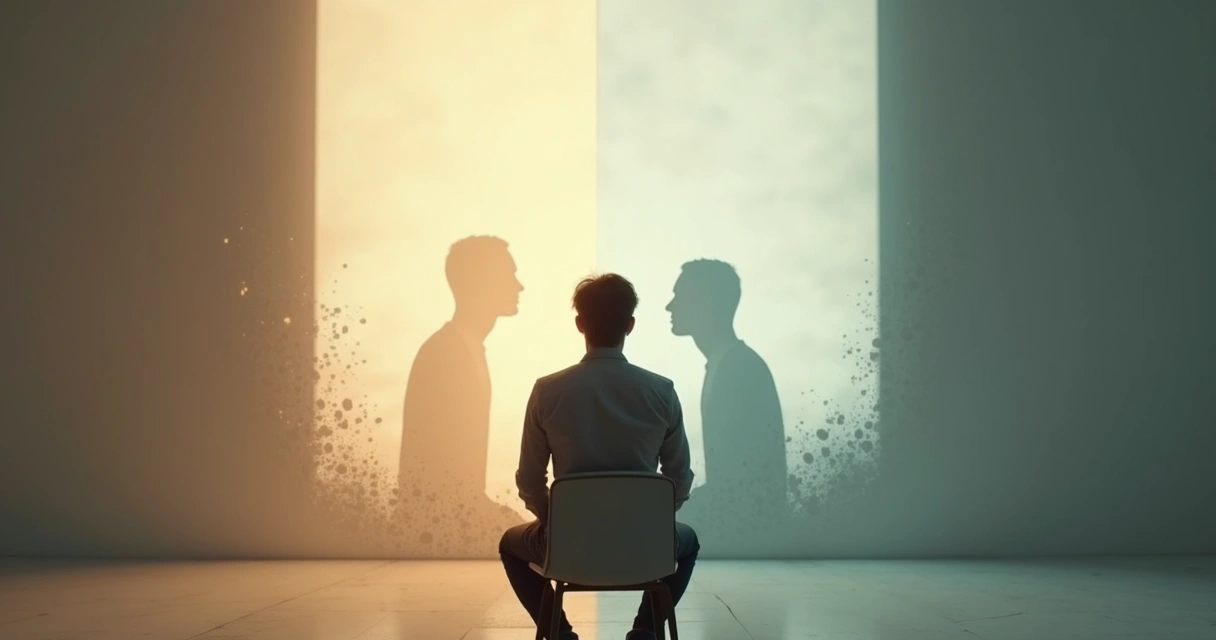 Pessoa em silêncio com dois caminhos simbólicos representando intuição e autoproteção inconsciente 