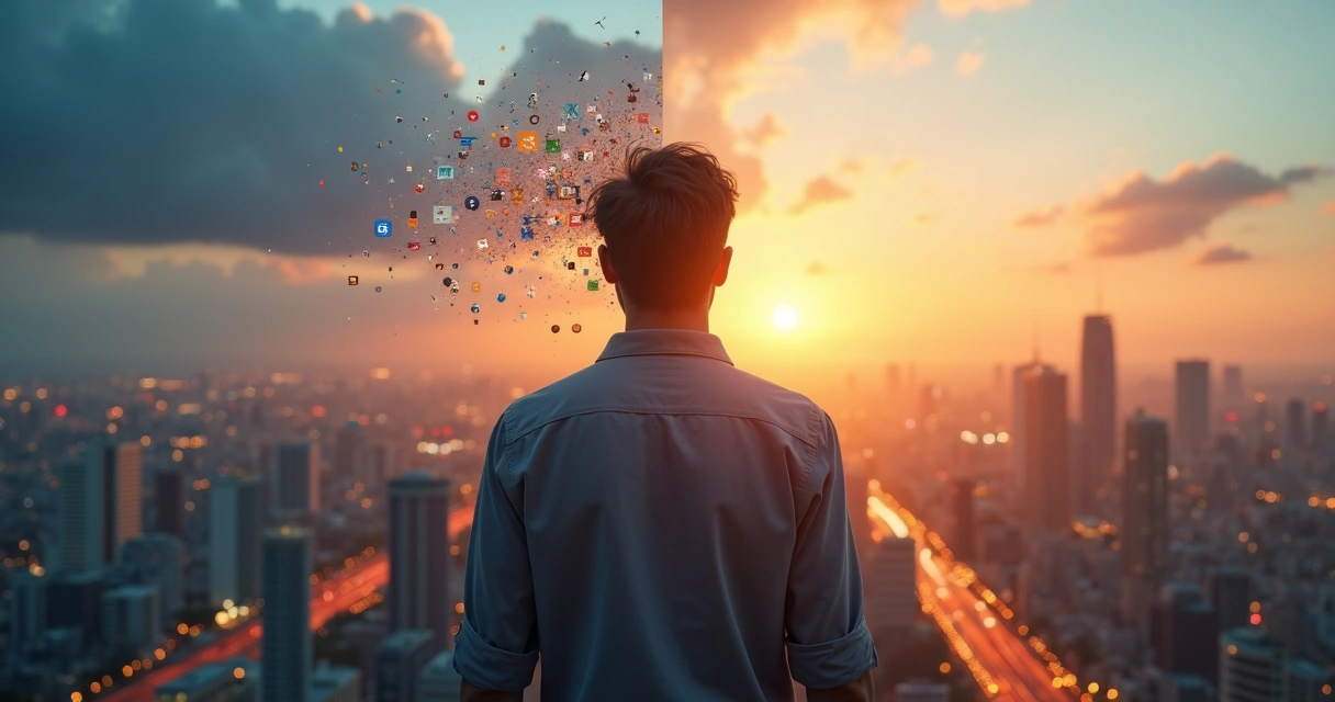 Pessoa com dois lados da mente contrastando calma intuitiva e pensamento reativo 