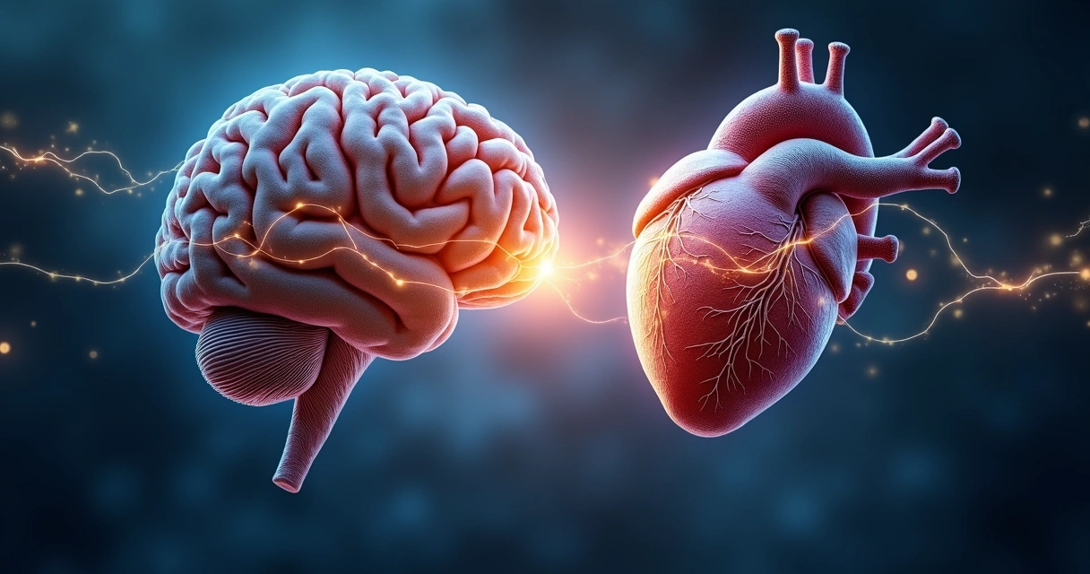 Representación artística de un cerebro y un corazón conectados por líneas de luz, ambiente sereno