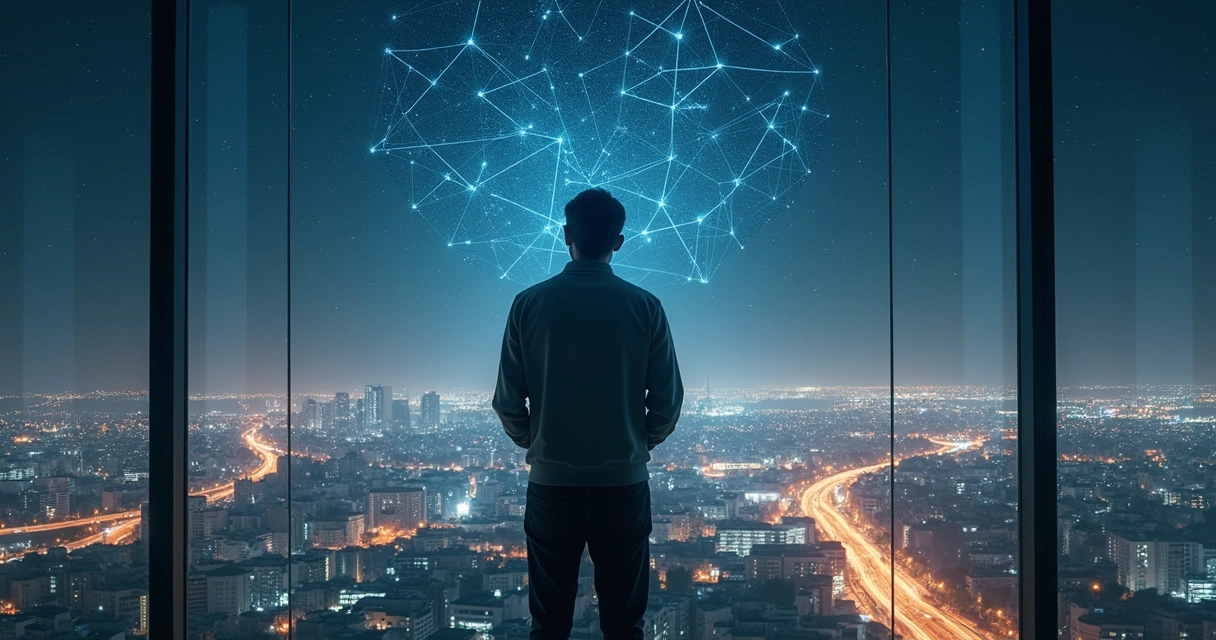 Persona observa una ciudad nocturna desde un mirador con conexiones luminosas en el cielo 