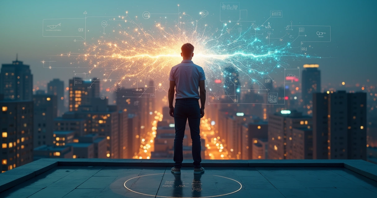 Persona frente a cruce de caminos observando red de decisiones sobre ciudad nocturna 