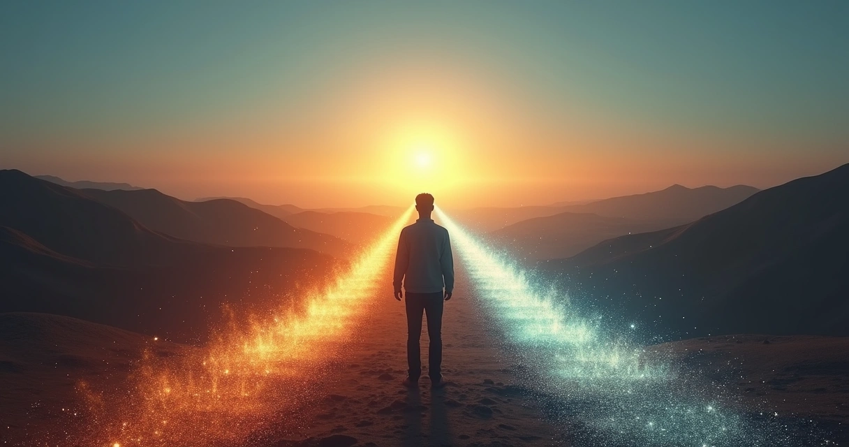 Persona reflexionando frente a tres caminos iluminados en un paisaje al atardecer 