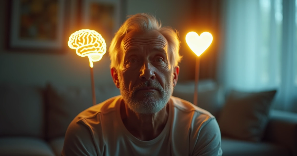 Persona pensativa, luz suave, símbolos de cerebro y corazón en equilibrio