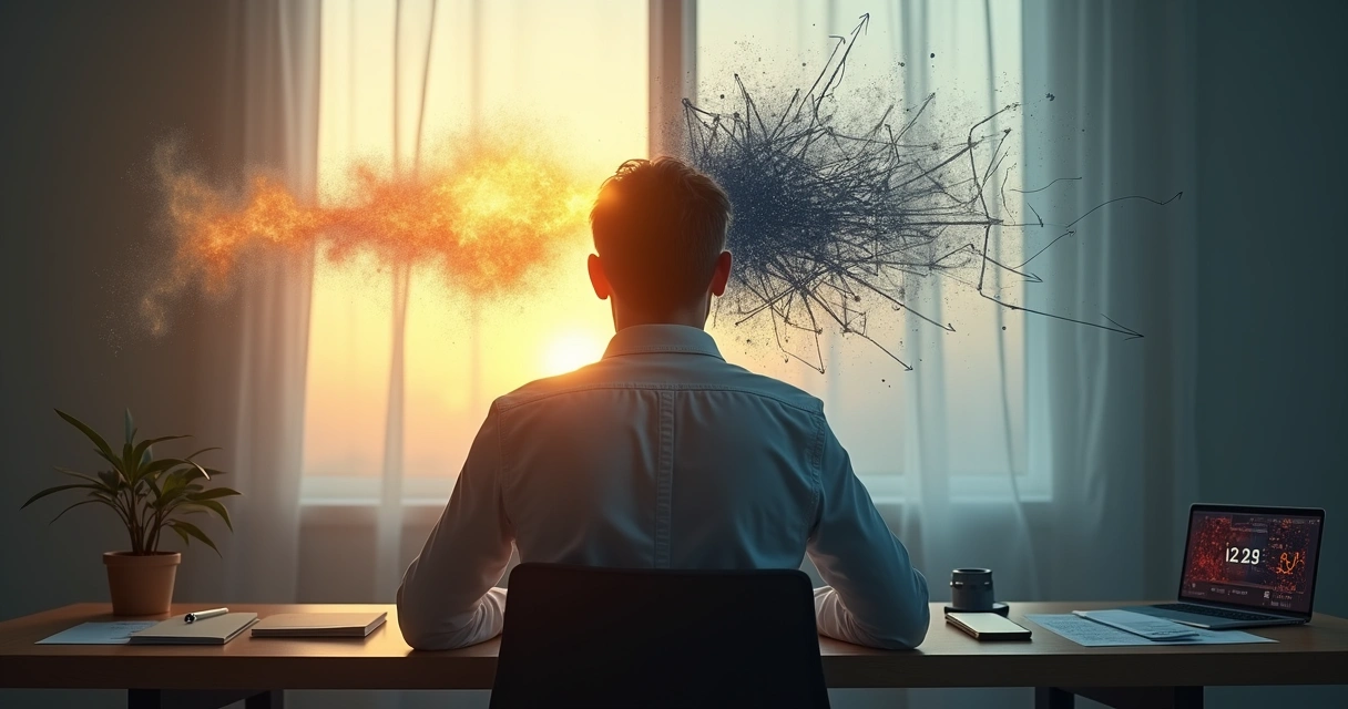 Persona con dos caminos mentales, uno intuitivo luminoso y otro lleno de juicios mecánicos 