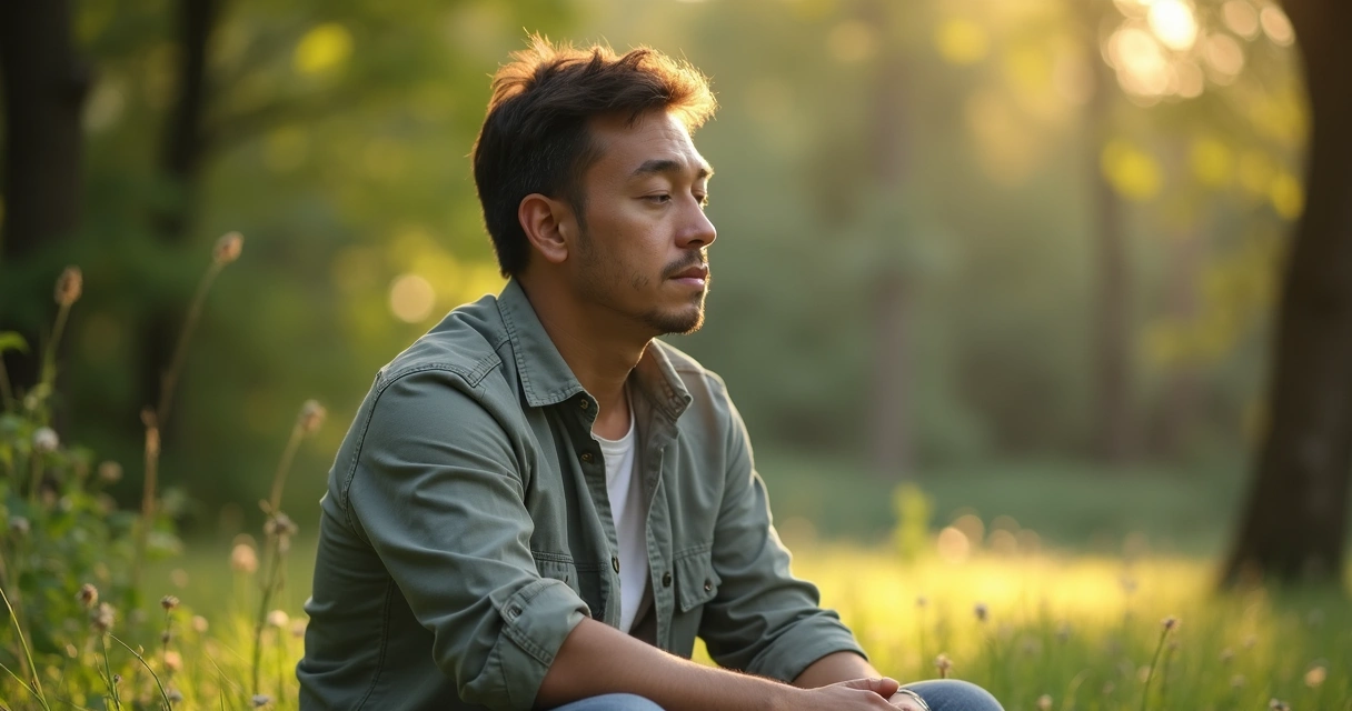 Persona sentada en silencio con expresión reflexiva, ambiente natural y plácido entorno verde 