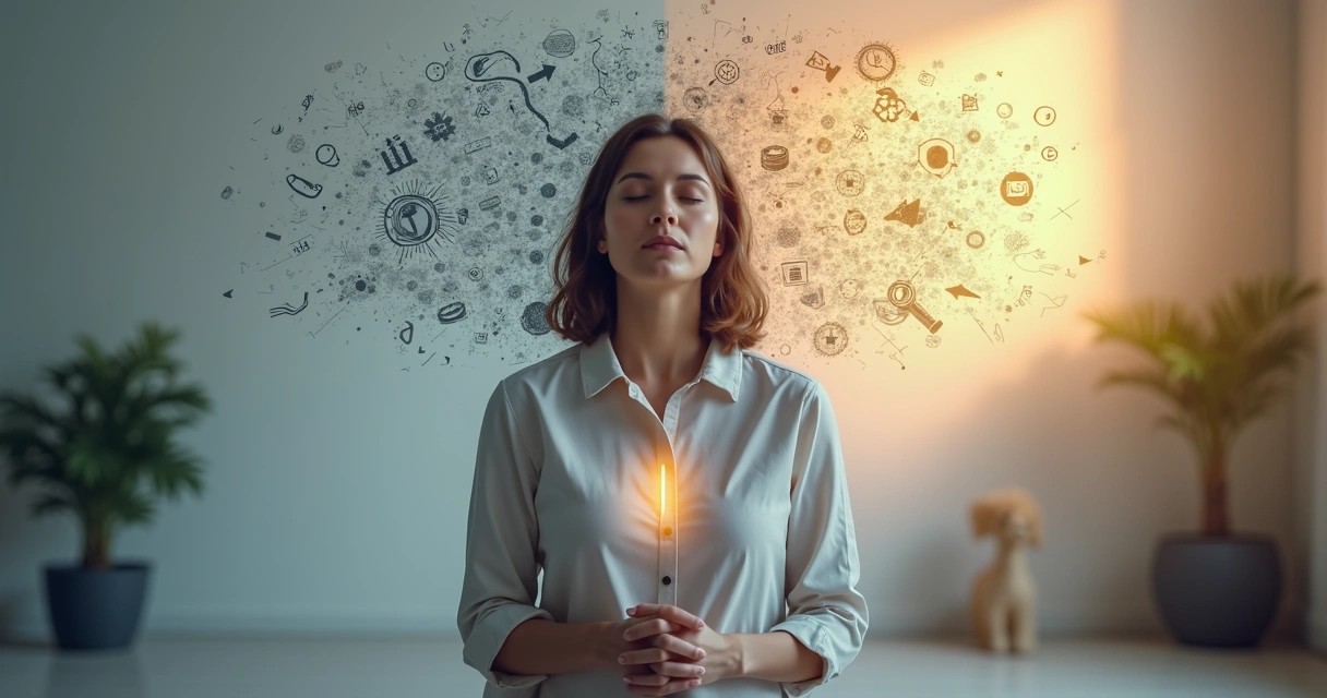 Persona con ojos cerrados entre un lado caótico y otro sereno representando intuición y pensamientos automáticos 