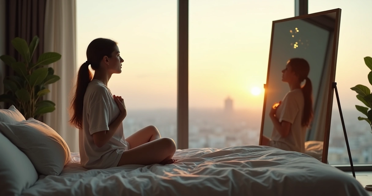 Persona pensativa frente a dos siluetas en un espejo que representan intuición y proyección 