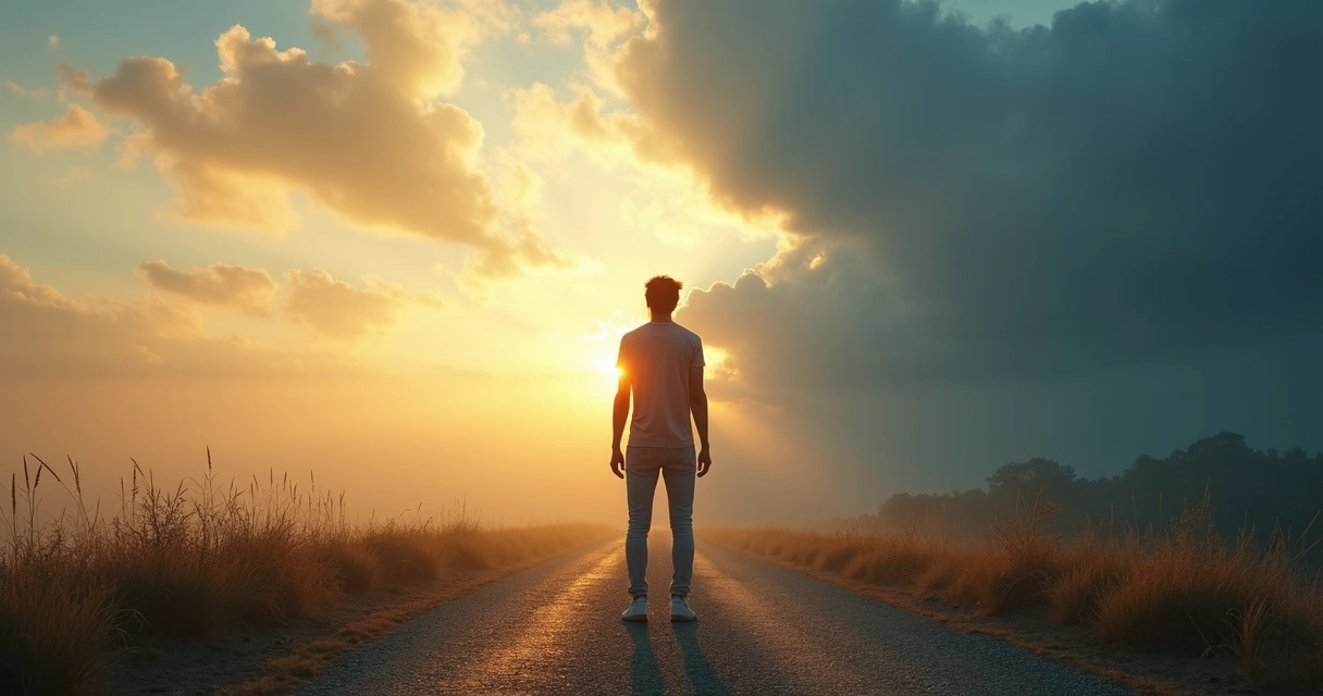Persona en cruce de caminos entre claridad interior y tormenta emocional 