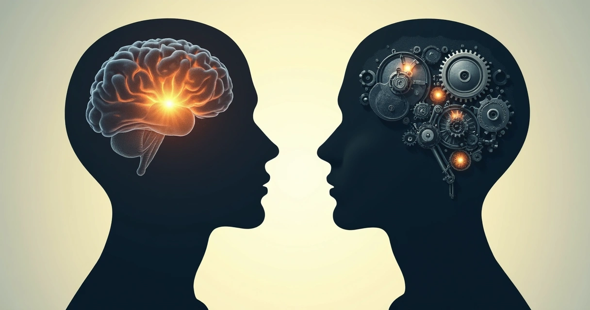 Duas silhuetas humanas frente a frente, uma com luz suave na cabeça, outra com engrenagens visíveis 