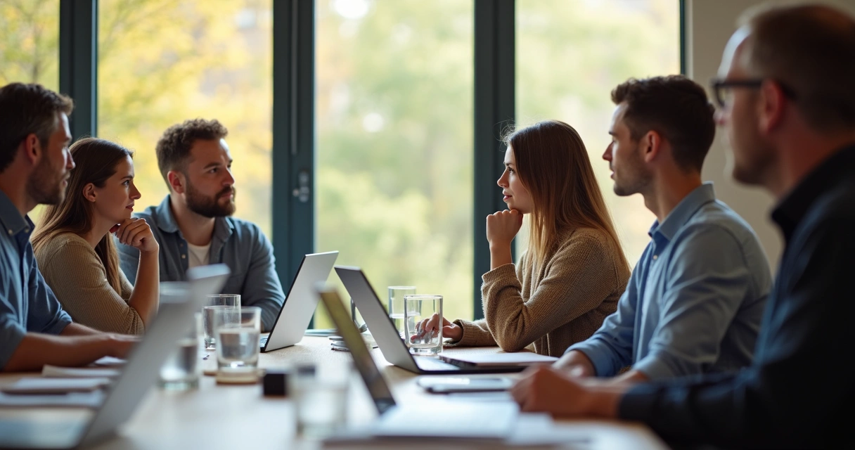 Colleagues in a meeting, one pausing to consider a decision