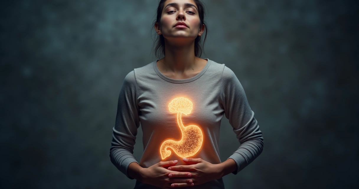 Person touching chest and abdomen with brain and heart silhouettes around 
