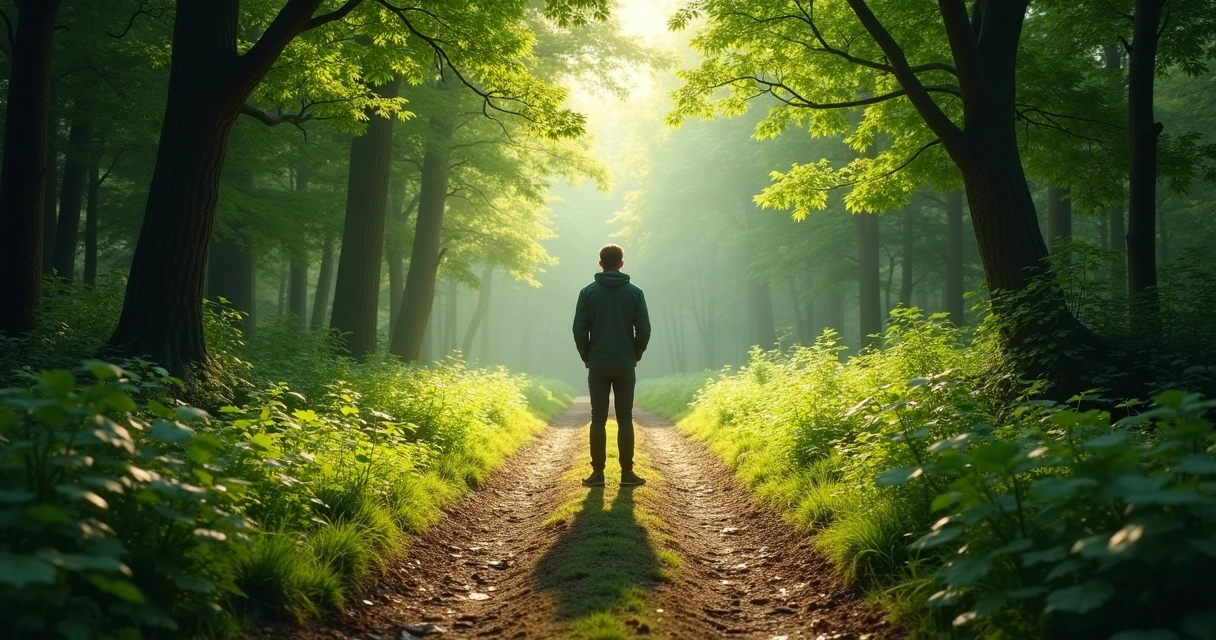 Person standing at a crossroads with light on one path and shadows on the other 