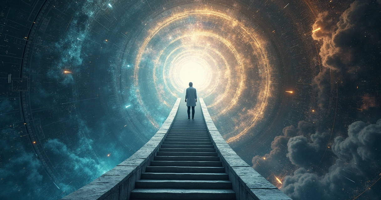 Person on a spiral staircase between brain-like machinery below and starry sky above 