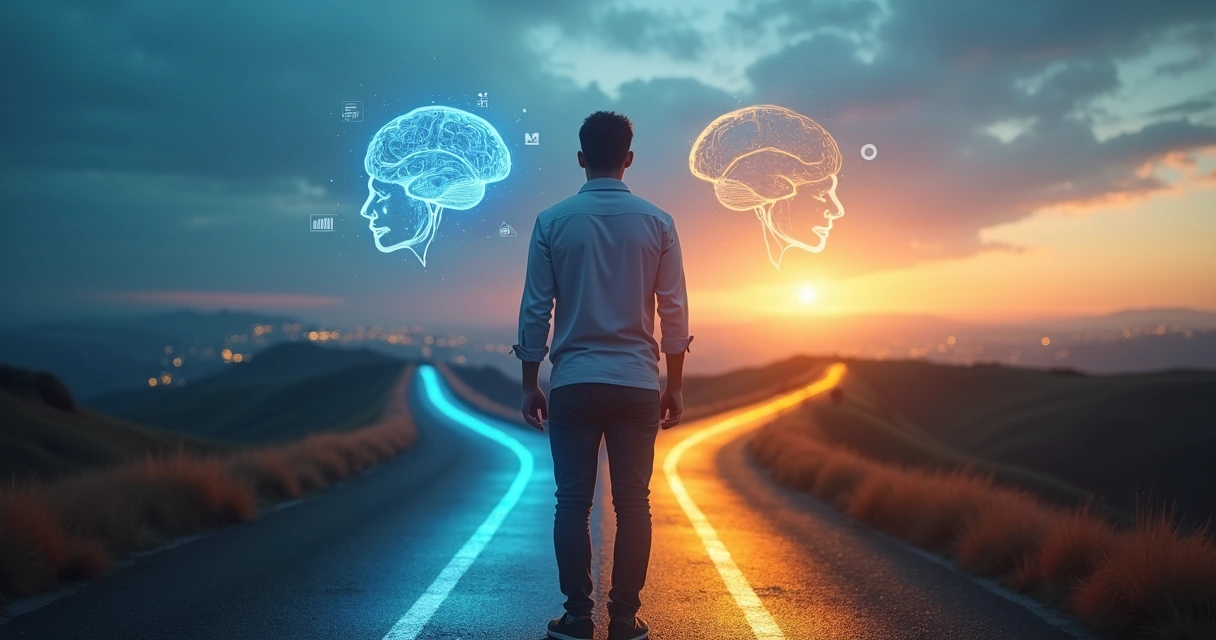 Person standing at crossroads with brain and light trail representing intuition and analysis 